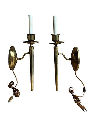 Pair antique of Plug In Gold tone yellow brass scroll arm sconces 52F