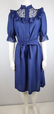 #ad #ad VINTAGE 70s WOMEN#x27;S BLUE SHORT SLEEVE BELTED RUFFLE LACE TRIM SHIRT DRESS SIZE S
