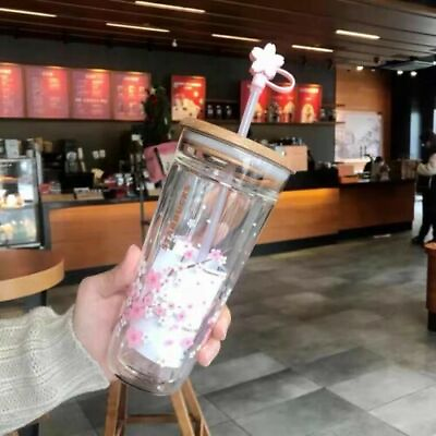 #ad Starbucks Tumbler Pink Sakura Double Glass Straw Cup 591 ml Mugs W Topper Gifts