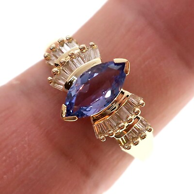 #ad 14k Solid Yellow Gold Natural Marquise Purple Tanzanite Diamond Ring Size 7
