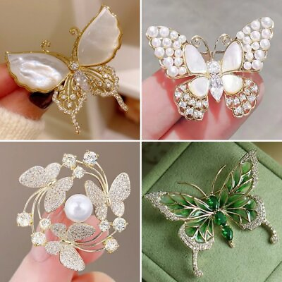#ad Fashion Pearl butterfly Crystal Zircon Brooch Pin Women Wedding Jewellery Gift