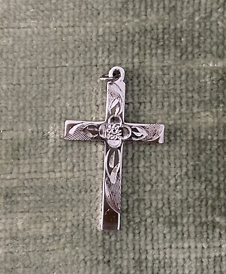 #ad Engraved Cross Pendant Sterling Silver 925 Etched Religious Vintage