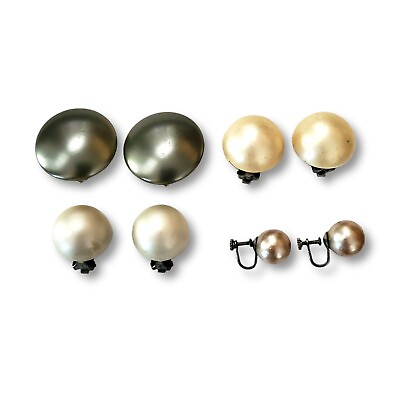 Antique Germany Austria Japan Metallic Round Pearl Style Clip on Earrings Lot 4