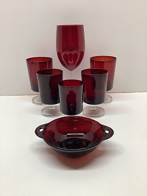 Ruby Red lot of 7pcs 5 Luminarc glasses w clear srem 1 wine glass amp; berry bowl