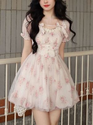 #ad Summer Floral Sweet Mini Dress Women Print French Dress Korean Cute Mini Dress