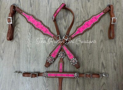 #ad Western Brown Leather Bling Tack Set of headstall amp; steering collar