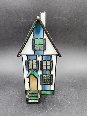 #ad #ad Stained Art Glass house candle Tea lite House holder Luminary 8” Tall
