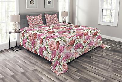 #ad Watercolor Quilted Bedspread amp; Pillow Shams Set Pink Peonies Roses Print