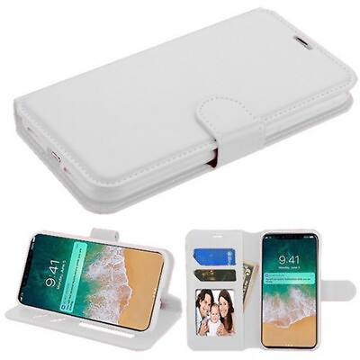 #ad iPhone X Xs Leather Flip Wallet Phone Holder Protective Case Cover WHITE