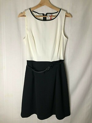 #ad NWT ELLE White Black Belted Fit amp; Flare Dress Size 10 Length 34.5 in.