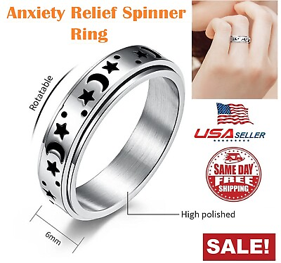 Fun Spin Ring Moon Star Bead Fidget Ring Wedding for Women Men Anti Anxiety Gift