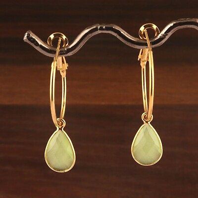 #ad Lite Green Chalcedony Pear Stone Yellow Gold Plated Hoop Bali Earring Pairs