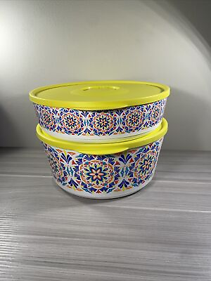 #ad New Tupperware Ilumina Bowls Set of 2 White w Kaleidoscope Yellow Seal