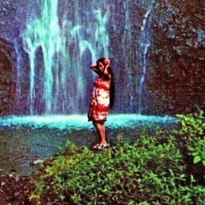 1960s United Airlines RPPC Postcard Hawaii Tahiti Long Hair Hula Girl Waterfalls