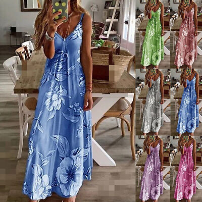 #ad Women Ladies Boho Floral Maxi Dress Cocktail Party Summer Holiday Beach Sundress