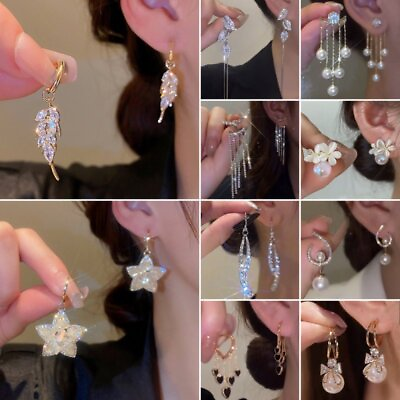 #ad Fashion Pearl Tassel Zircon Earrings Stud Drop Dangle Jewelry Women Party Gift