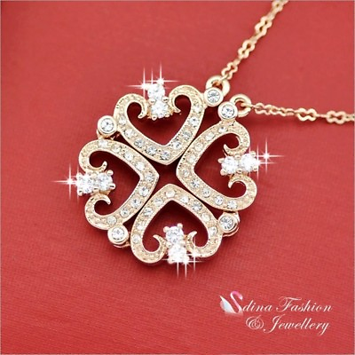 18K Rose Gold GF Made With Swarovski Crystal 2 Way Wear 4 Clover Heart Necklace