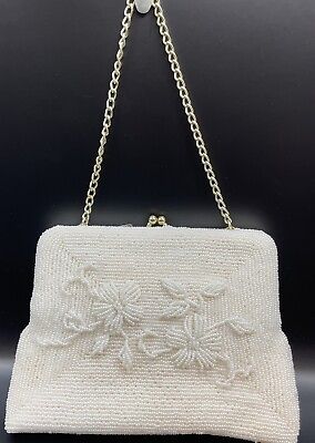 #ad Vtg 1960s Handmade WALBORG White Seed Beaded Evening Bag With Chain Handle