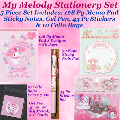 Sanrio My Melody 5 Pc Set 128 Pg Pad Sticky Notes 45 Stickers Pen 10 Cello Bags