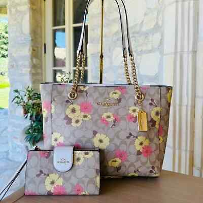 Coach Cluster Floral Camie Chain Tote Handbag Wallet Option Tan NWT