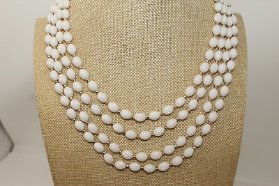 #ad Vintage HONG KONG 4 Strand White Plastic Beaded 20 22quot; Necklace