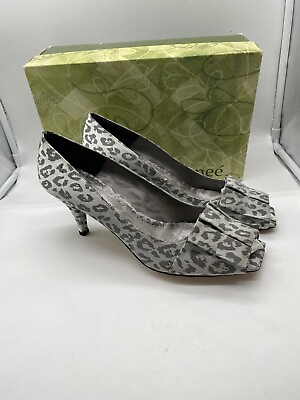 #ad J Renee Womens Shoes Size 12 W Silver Leopard Print Pleated Open Toe