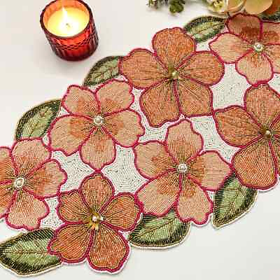 #ad Handmade beaded spring table runner floral 13x36inch multicolour