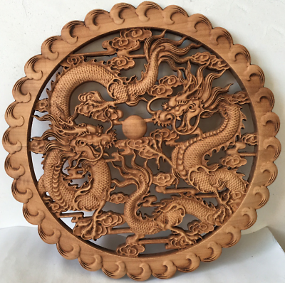 #ad #ad 26.5cm Chinese Camphor Wood Hand Carved Dragon Statue Wall Sculpture Plate Decor