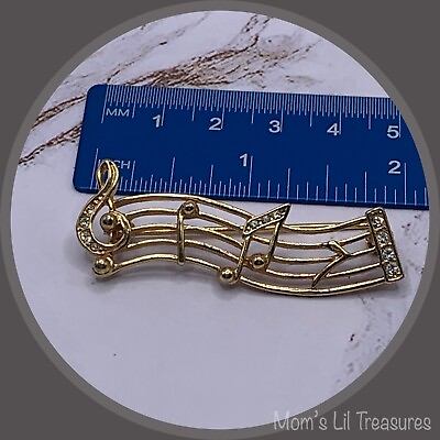 #ad Musical Music Notes Gold Tone Brooch Pin with Clear Rhinestone Accents