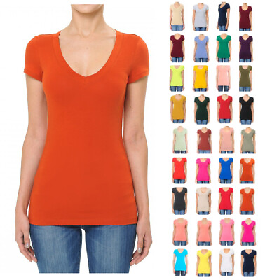 Women#x27;s Premium Soft Cotton Knit Basic T Shirt V Neck Short Sleeve Solids Fitted