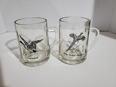 #ad 2 clear glass 12oz mugs Canvasback duck amp; Ring Necked Pheasant Bird