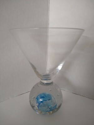Vintage Clear amp; Blue Bubble Ball Base Martini Cosmo Cocktail Bubbles Blown Glass