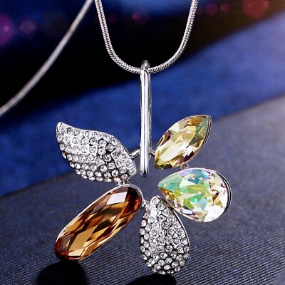 18K White Gold Filled Made With Swarovski Crystal Charming Flower Long Necklace