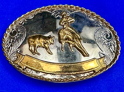#ad Vintage German Silver Rodeo Cowboy With Blank Award Trophy Ribbon belt buckle