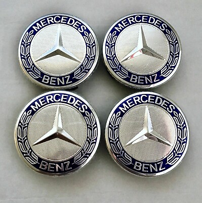 #ad SET OF 4 Mercedes Benz 75MM Classic Dark Blue Wheel Center Hub Caps AMG Wreath
