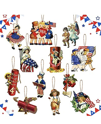 4th Of July Patriotic AMERICA USA wooden “Vintage” hanging ornaments set of 12