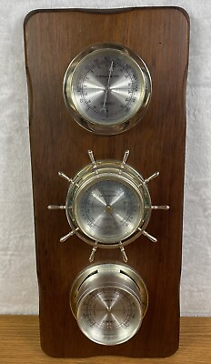 #ad Vtg 3 Gauge Springfield Nautical Weather Station Temperature Humidity Barometer