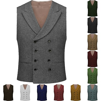 #ad Mens Formal Waistcoat Double Breasted Herringbone Vest Vintage For Wedding S 3XL