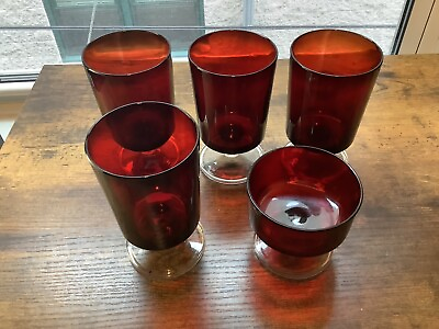 #ad #ad 5 Vintage Luminarc FRANCE Ruby Red Stem Glasses 4 Wine 5” amp; 1 Champagne 3”