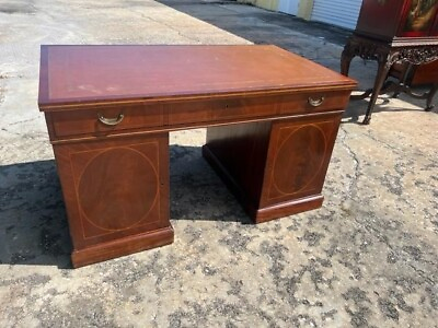 #ad Antique English Mahogany Inlaid Partner Desk Leather Top Circa 1890