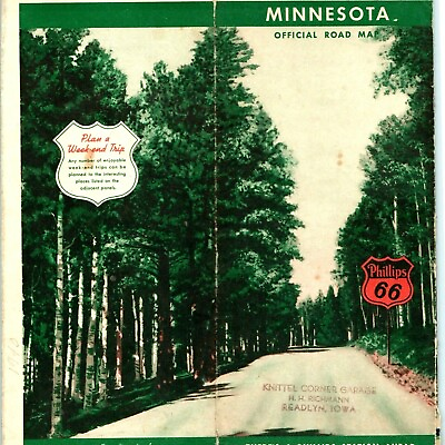 #ad 1946 Readlyn IA Knittel Corner Garage Phillips 66 Minnesota Road Map Gousha 1O