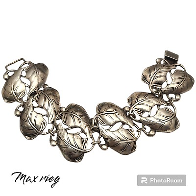 #ad Vintage Max Rieg Art Nouveau Style Double Leaf Design Sterling Silver Bracelet