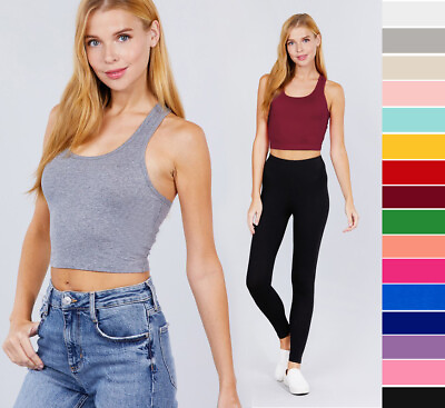#ad Women#x27;s Basic Stretch Cotton Soft Knit Crop Tank Top Racerback Solid Colors