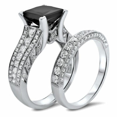 #ad 3.34Ct Black Princess Diamond Bridal Set 925 Silver Ring Lab Created New Ring