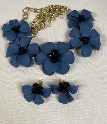 #ad Blue Flower Necklace And Earrings Booble Beads Center 20 24quot; Long