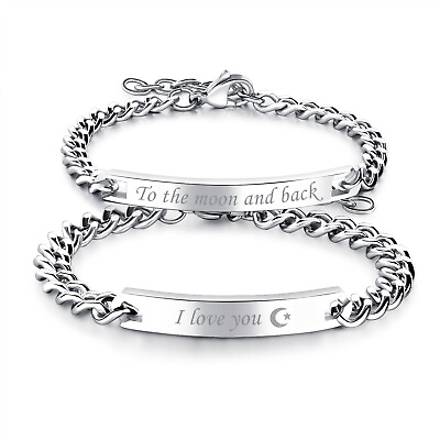 #ad 2pcs Couples Hisamp;Hers Stainless Steel To the moon and backquot;quot;I love youquot; Bracelet