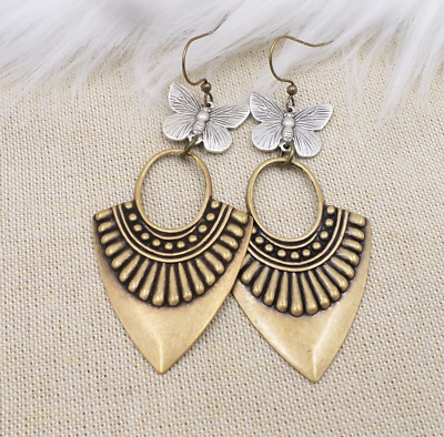 Big Brass Art Deco Gothic Earrings with Silver Butterflies Cottagegoth Jewelry