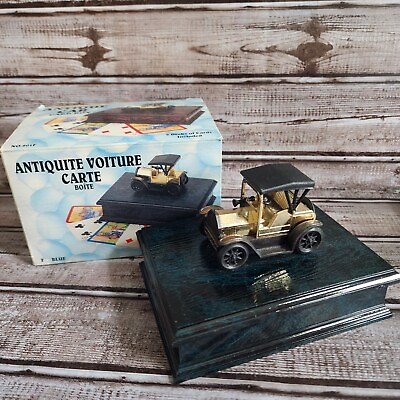 #ad Vintage 1989 Price Playing Card Holder Trinket Blue Box With Metal Antique Car