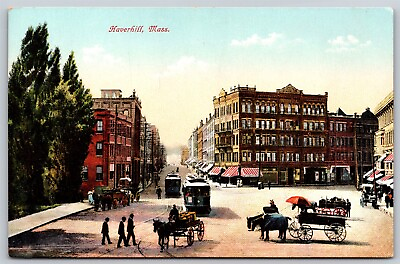 #ad Postcard Haverhill MA trolleys horse drawn carriages H28