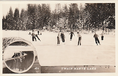 #ad #ad Twain Harte Lake Ca. VTG Bamp;W Postcard Unposted 1930#x27;s? Ice Skating Children